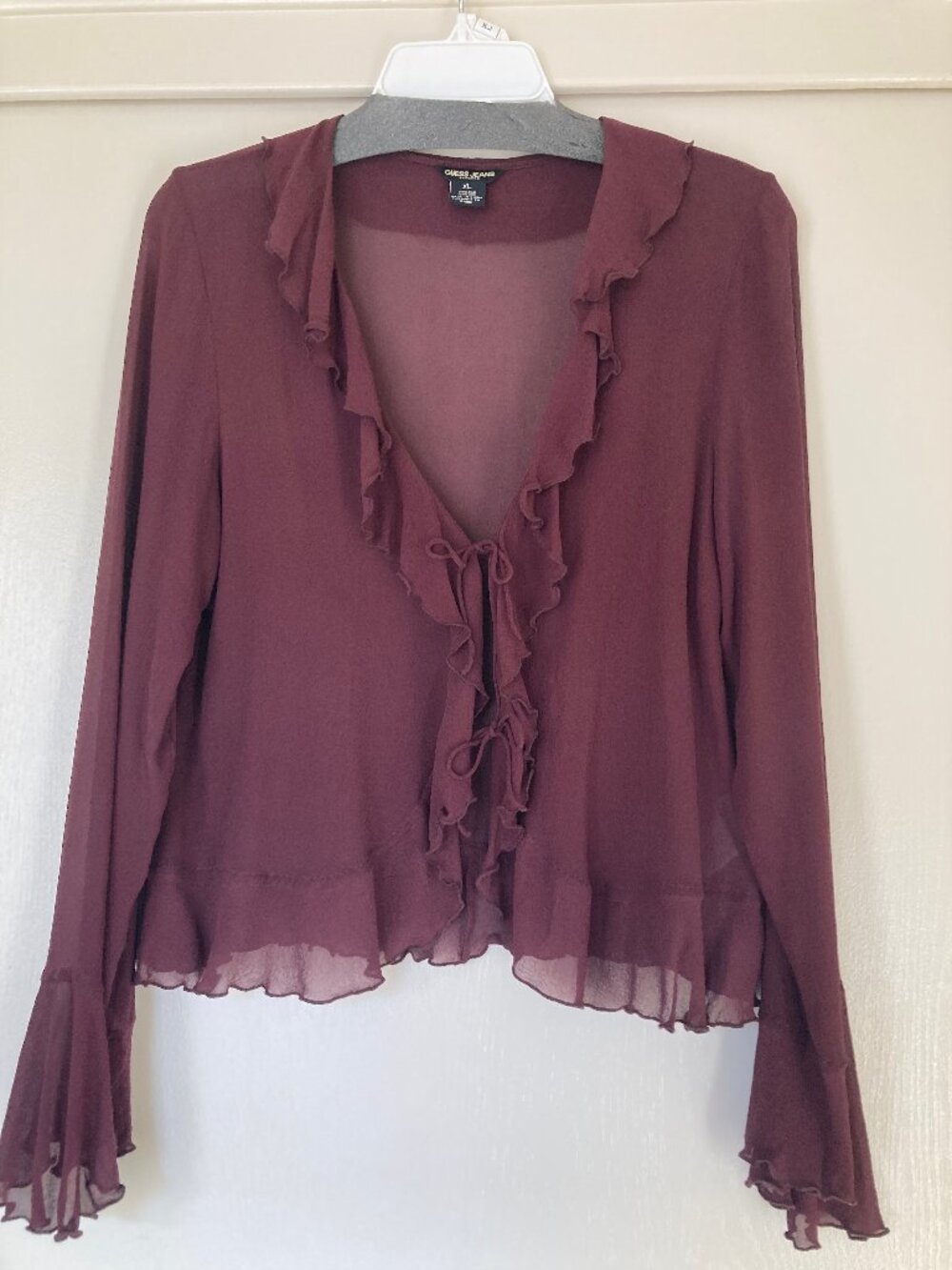 GUESS JEANS Burguncy Silk Crepe Sheer Tie-front Blouse - Sz XL